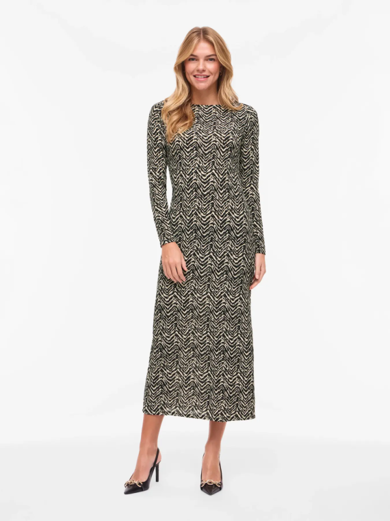 VESTIDO ESTAMPADO NEGRO Y BEIGE