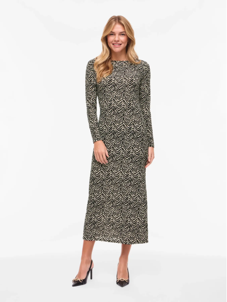VESTIDO ESTAMPADO NEGRO Y BEIGE