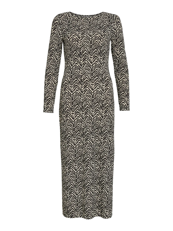 VESTIDO ESTAMPADO NEGRO Y BEIGE