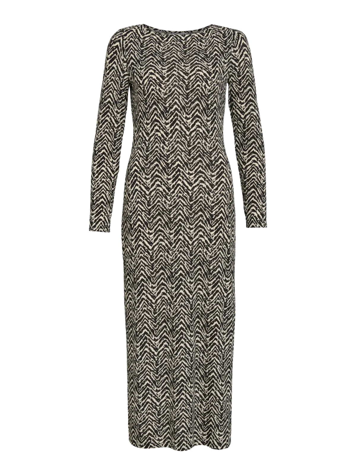 VESTIDO ESTAMPADO NEGRO Y BEIGE