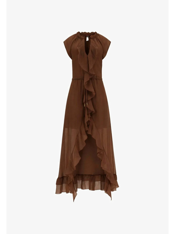 VESTIDO GASA VOLANTE MARRON GUESS